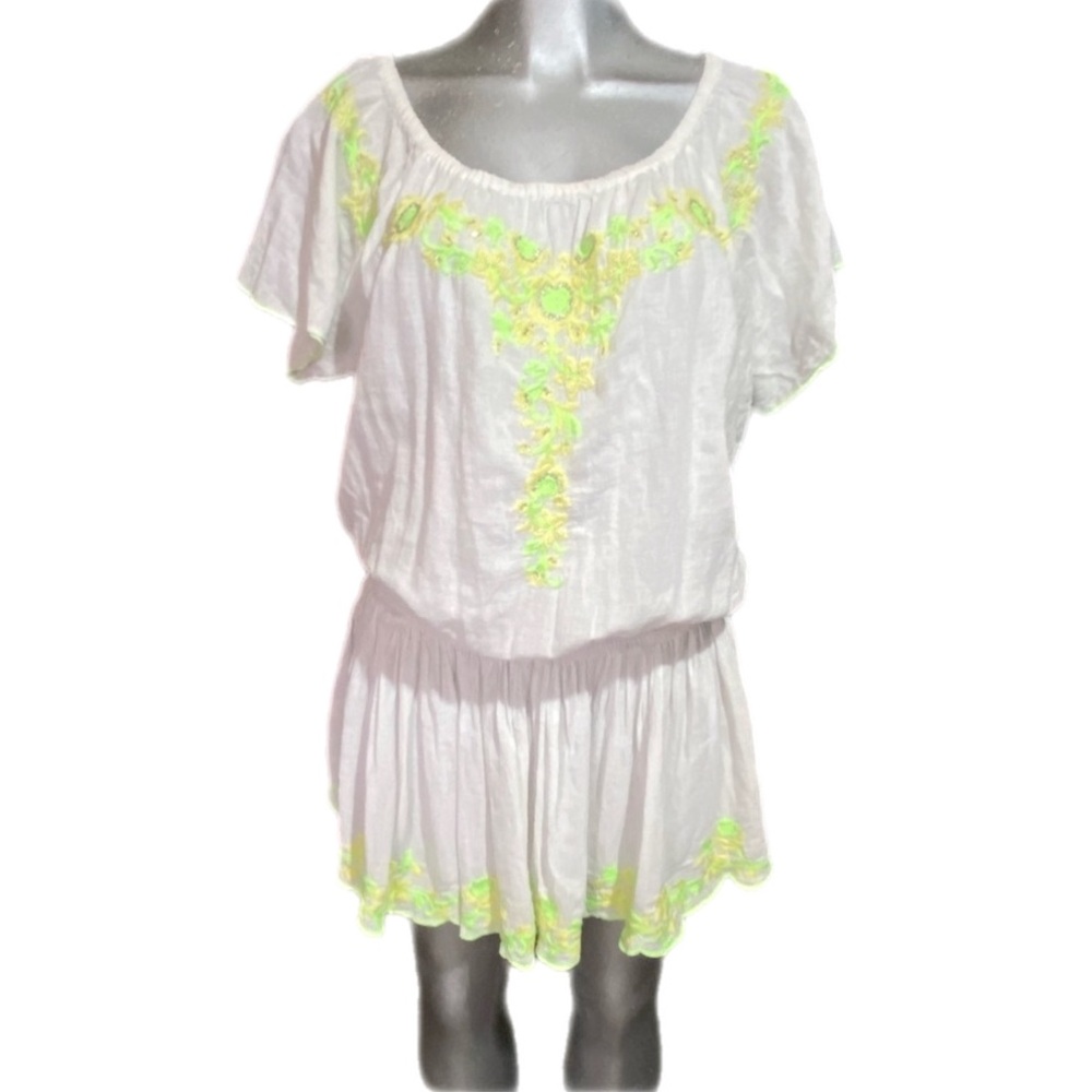 Ludi Blouson White Beach Summer Dress Neon Green Embroidery Beaded Boho Small